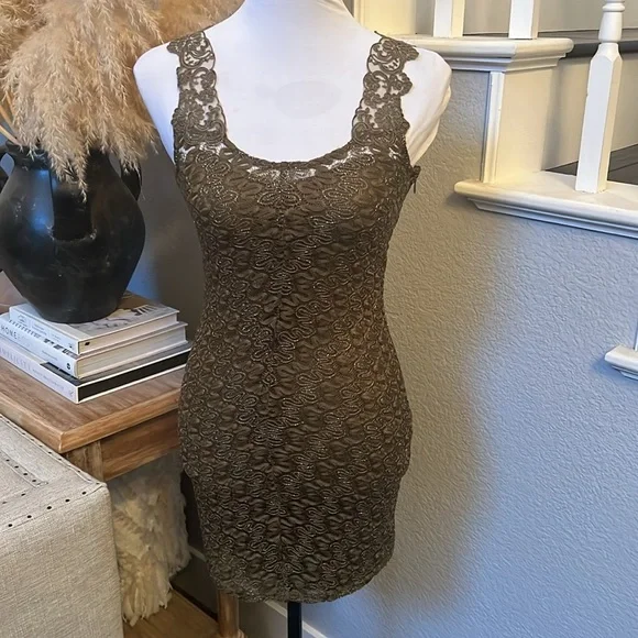 FREE PEOPLE Foiled Again Olive Lace Bodycon Open Back Boho Mini Dress Size XS - Picture 2 of 7